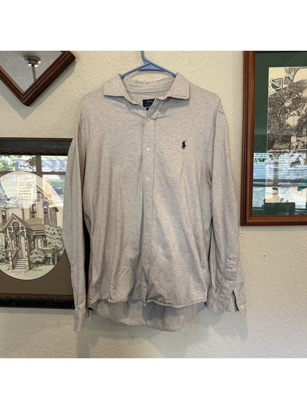 Polo Ralph Lauren Mens Grey Long Sleeve Button Designer Polo Short Size Large
